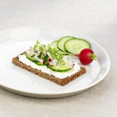 Soft cheese, cucumber, radishes and cress on wholemeal bread