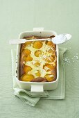 Apricot clafoutis with almonds and pearl sugar