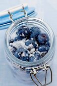 Sugared blueberries in preserving jar (Vaccinium corymbosum)