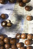 Macadamianüsse aus Israel auf einer Landkarte