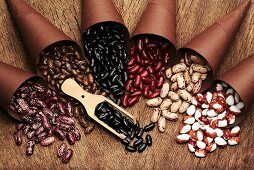 Various types of beans in paper bags and in wooden scoop