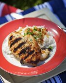 Grilled chicken breast with ginger marinade on rice