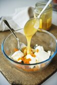 Making ginger and honey cheesecake with dried apricots