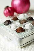 Chocolate truffles in metal box (Christmas)