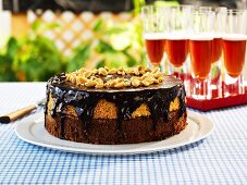 Black and tan cake with chocolate icing and nuts