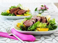Salad leaves with duck breast and oranges
