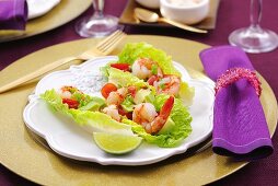 Prawn cocktail with avocado on lettuce leaves