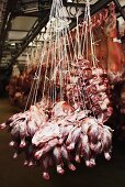 Various cuts of meat (hanging up) in an indoor market