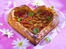 Heart-shaped rhubarb puff pastry tart