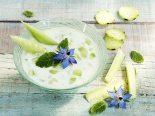 Bowl of tzatziki with cucumber