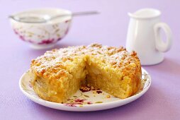 Apfel-Streuselkuchen mit Puderzucker und Milchkännchen