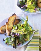 Salad leaves with edible flowers and toast