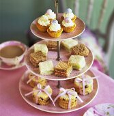 Cupcakes, dainty sandwiches and biscuits on tiered stand