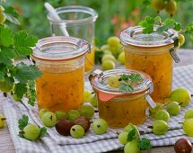 Gooseberry jam and fresh gooseberries