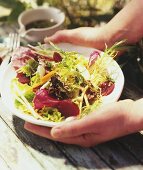 Hände halten Teller mit gemischtem Salat