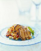 Veal escalopes with curry and lime and tropical salsa