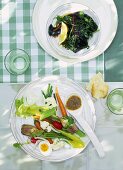 Vegetables with egg & anchovy paste, blanched leafy vegetables with Ladolemono sauce