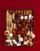 A box of various Christmas biscuits and confectionary