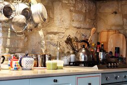 A kitchen in a country house with a gas cooker in Umbria, Italy