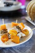 Chicken kebabs with cheese and dried apricots