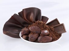 Cocoa beans, cocoa powder, chocolate and chocolate fan