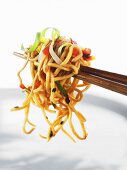 Fried egg noodles with vegetables on chopsticks