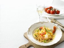 Spaghetti with prawns, chilli and spring onions