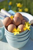 Fresh eggs in stacked bowls