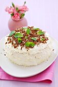 Coconut cake with chocolate shavings and mint