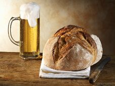 Crusty bread and glass of beer