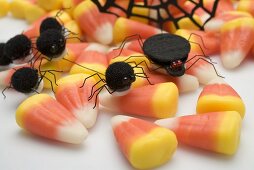 Candy corn with spiders for Halloween