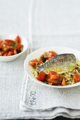Fried sea bream on pearl barley risotto with tomatoes