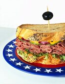 Pastrami sandwich in poppy seed toast on plate with US colours