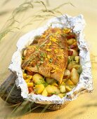 Salmon with lemon zest and herbs on vegetables (tinned)