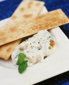 Low-fat soft cheese dip with crispbread