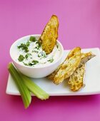 Celery with coriander dip and toasted bread