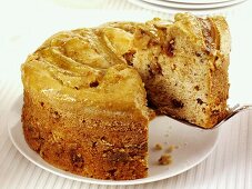 Banana cake with a piece removed