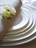 Spotted plates and fabric napkin with white roses