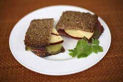 Salami, gherkin and cheese on black bread