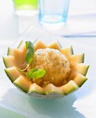 Melon sorbet with basil in a hollowed out melon