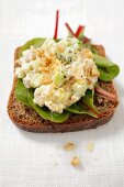 Wholemeal bread topped with beetroot leaves and a chicken, celery and nut salad