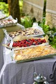 A cake buffet with tray bakes in a garden (detail)