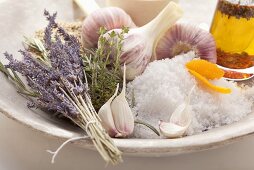 Lavender, rosemary, salt, garlic, orange zest and oil