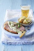 Roasted ham with creme fraiche and potatoes