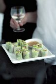 Rice paper rolls with a sesame seed dip (Vietnam)