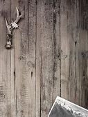 Geweih mit Edelweiss und Postkarte auf Holzuntergrund