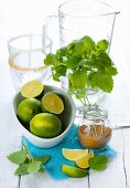 Ingredients for summer lemonade: lemon balm, limes, brown sugar