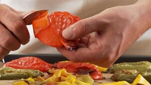 Peppers being peeled