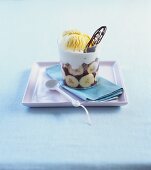 Bananas with chocolate sauce, cream and vanilla ice cream