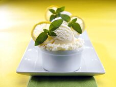 Lemon ice cream with mint leaves and slices of lemon